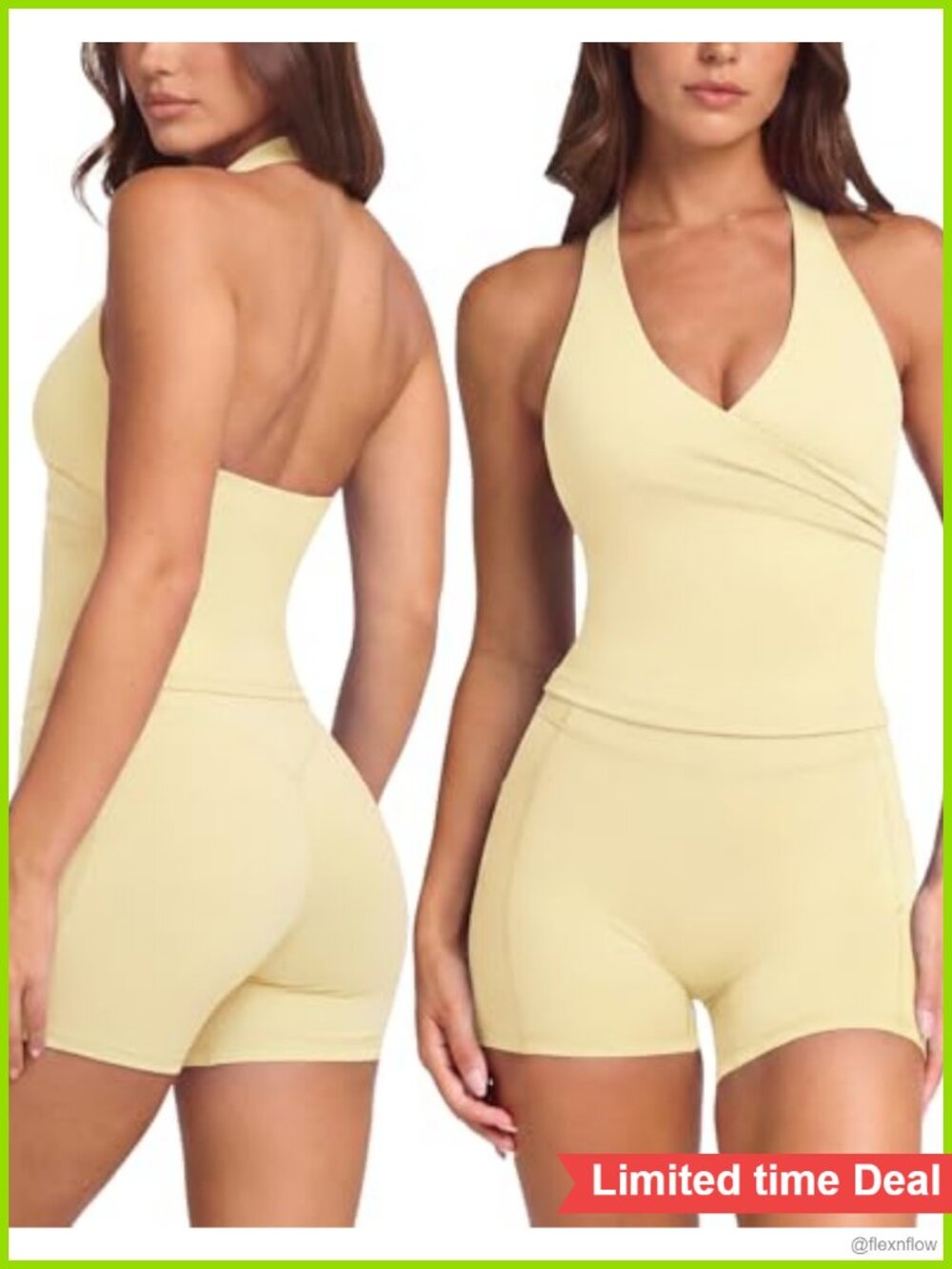 Two Piece Halter Open Back Workout Set Padded Tank High Waisted Biker Shorts